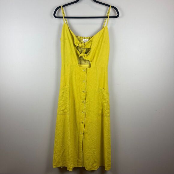 Lost Wonder Midi Dress Women's Medium Yellow Smocked Button Front Cut Out Beachy - Picture 1 of 9